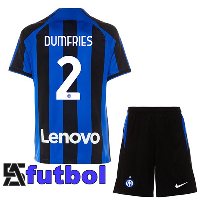 Camisetas De Futbol Inter Milan (DUMFRIES 2) Ninos Primera Negro Azul 2022/2023