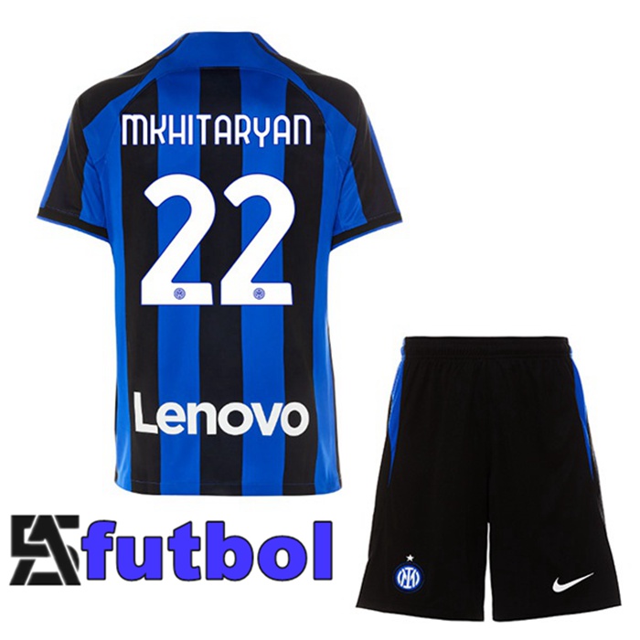 Camisetas De Futbol Inter Milan (MKHITARYAN 22) Ninos Primera Negro Azul 2022/2023