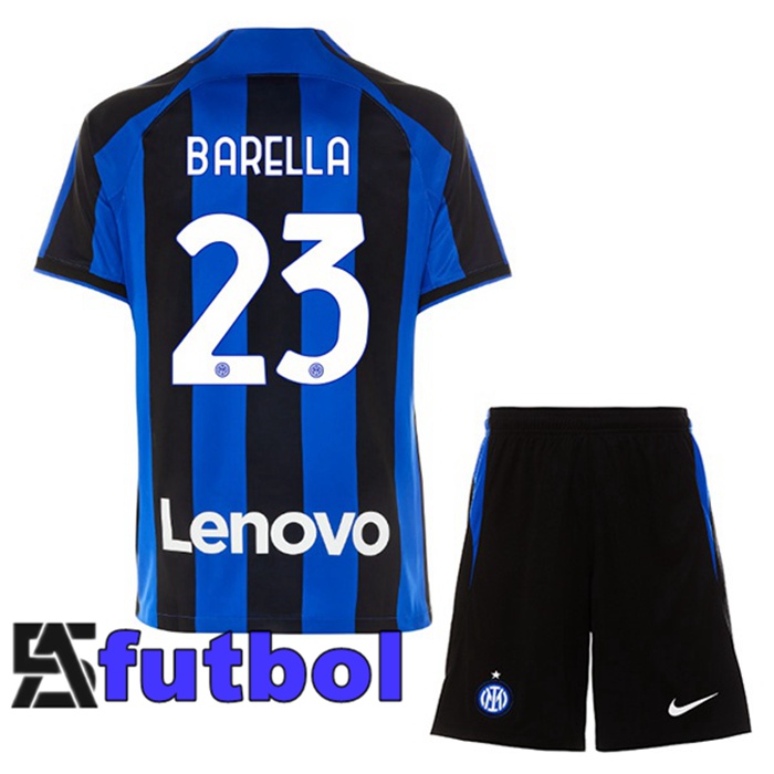 Camisetas De Futbol Inter Milan (BARELLA 23) Ninos Primera Negro Azul 2022/2023