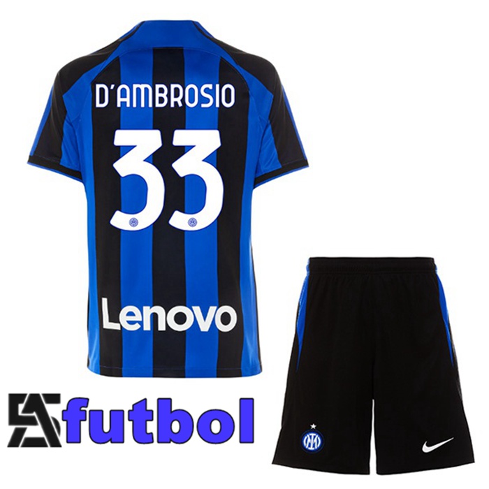 Camisetas De Futbol Inter Milan (D'AMBROSIO 33) Ninos Primera Negro Azul 2022/2023