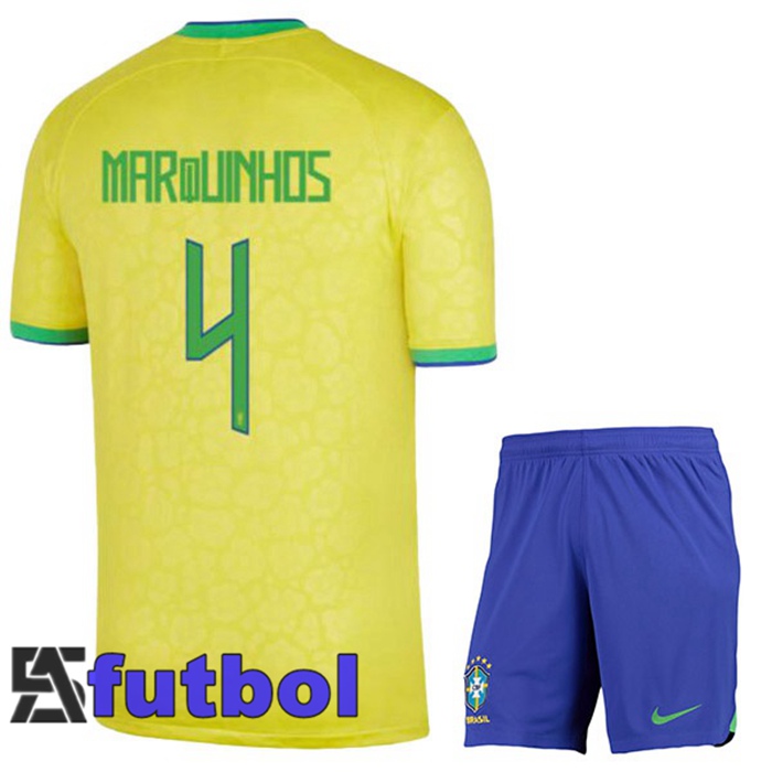Camiseta Brasil (MARQUINHOS 4) Ninos Primera Amarillo Copa Del Mundo 2022