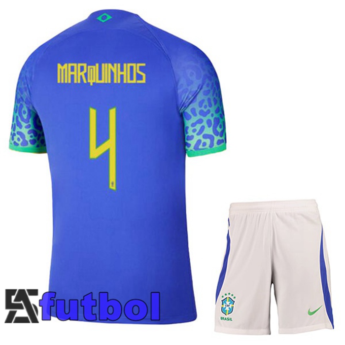 Camiseta Brasil (MARQUINHOS 4) Ninos Segunda Azul Copa Del Mundo 2022
